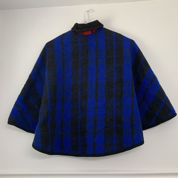 Vintage 60s MARDEL Reversible Wool Handmade Mid Century Poncho Cape Red Blue - Picture 6 of 8
